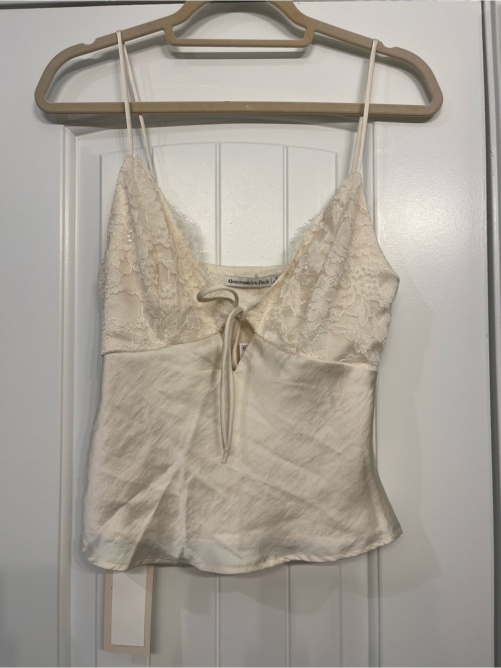 Abercrombie & Fitch Ivory Lace-Trim Satin Cami with Tie Front